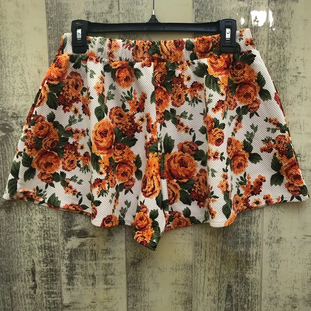 POETRY Orange Floral Shorts Skort Large Slip On‎ Summer Spring Flirty Flowy Cute